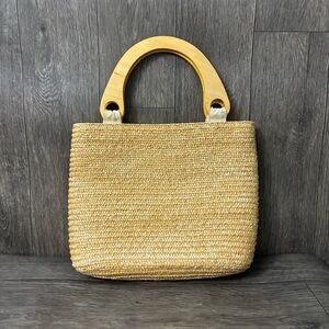 Woven Straw Purse with Wooden Handles & Zip Closure